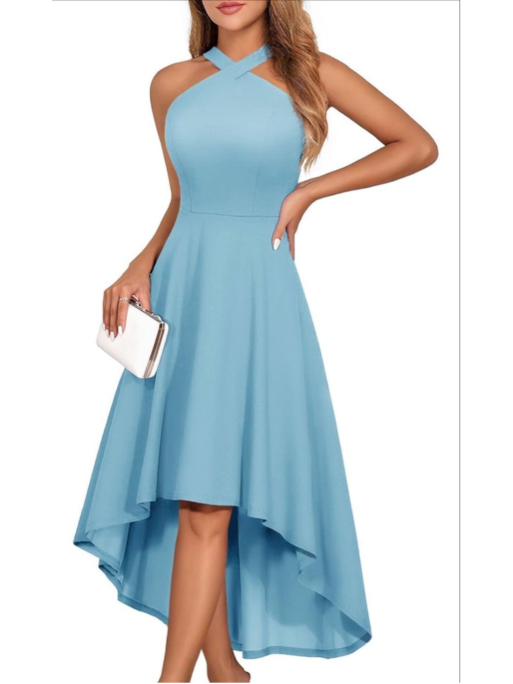 NEW Blue Cocktail Formal Wedding Guest Halter Hi Low Dress XL